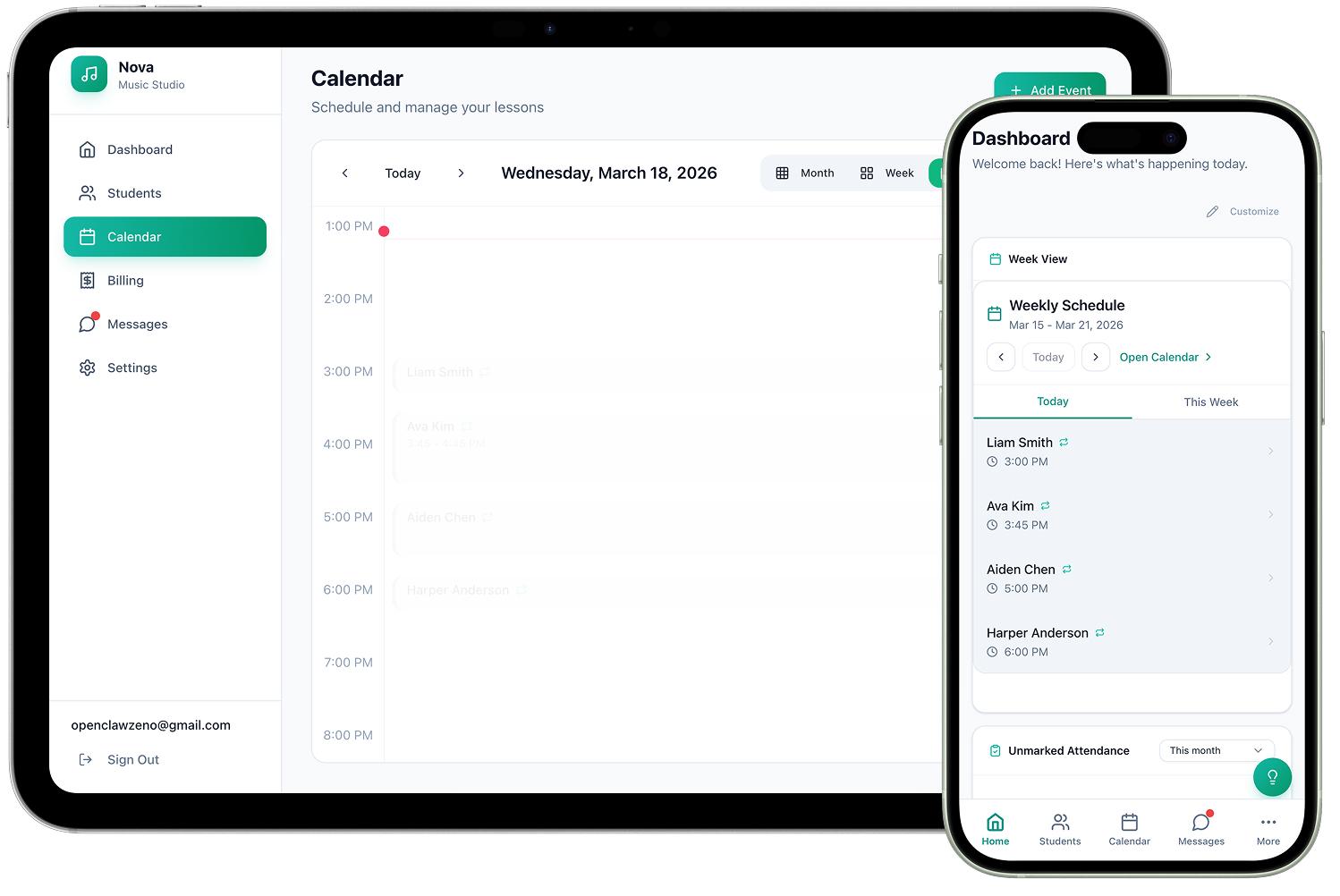 Nova Music dashboard shown on iPad and iPhone — weekly schedule, student list, and attendance tracking