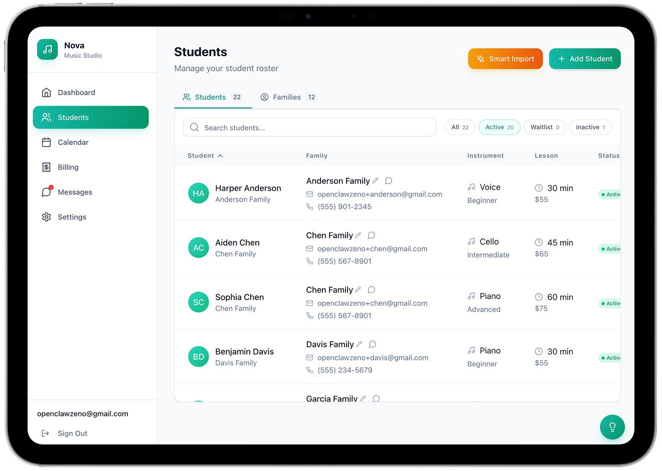 Student & Family Management in Nova Music