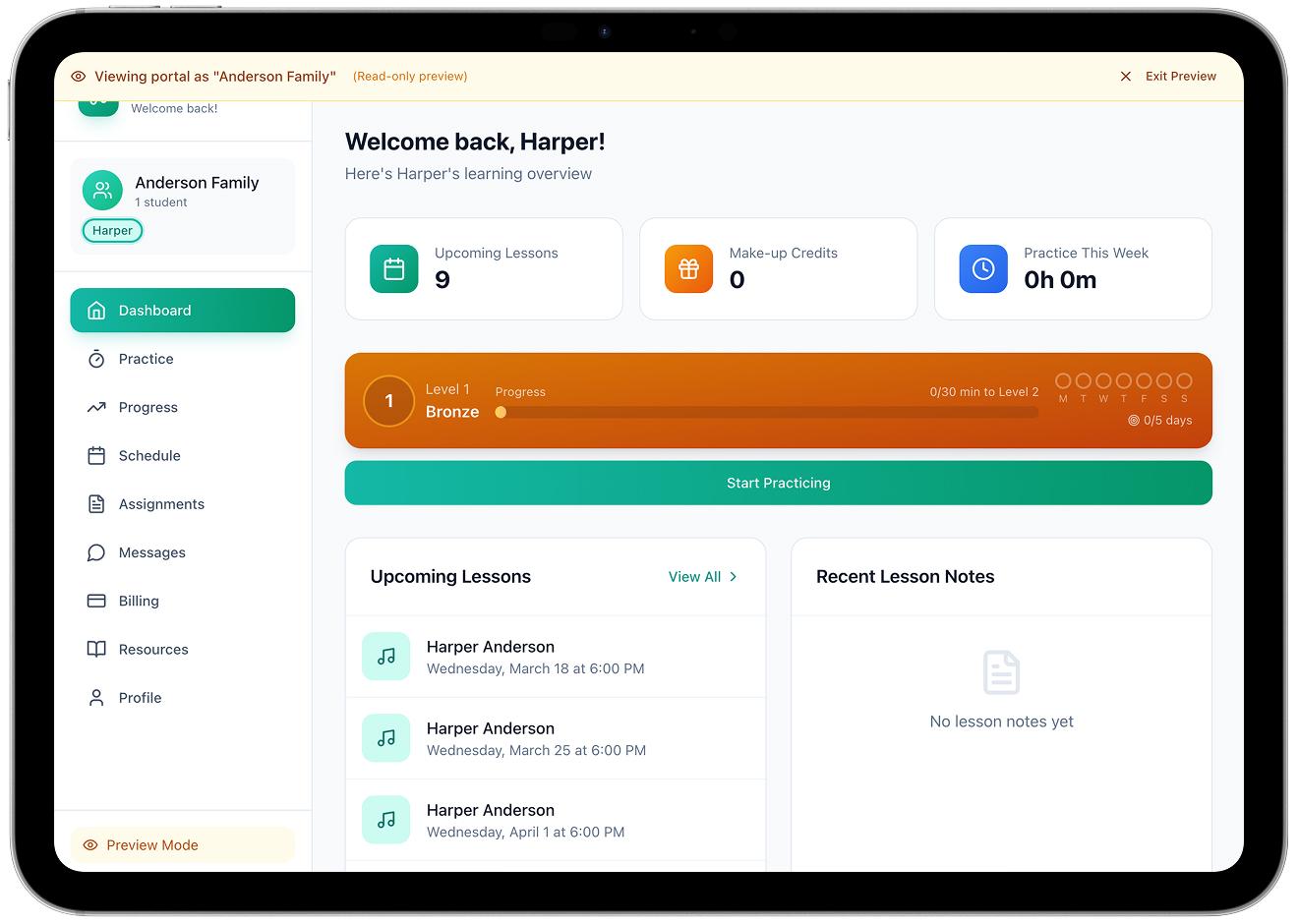 Student Portal in Nova Music