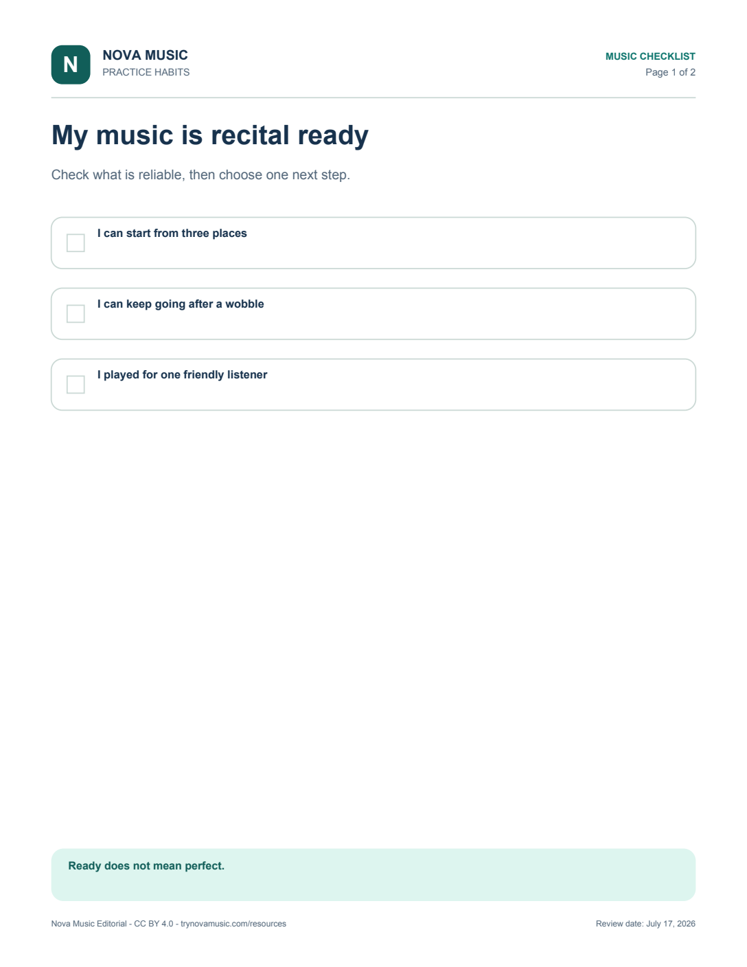 First Recital Ready Checklist printable preview