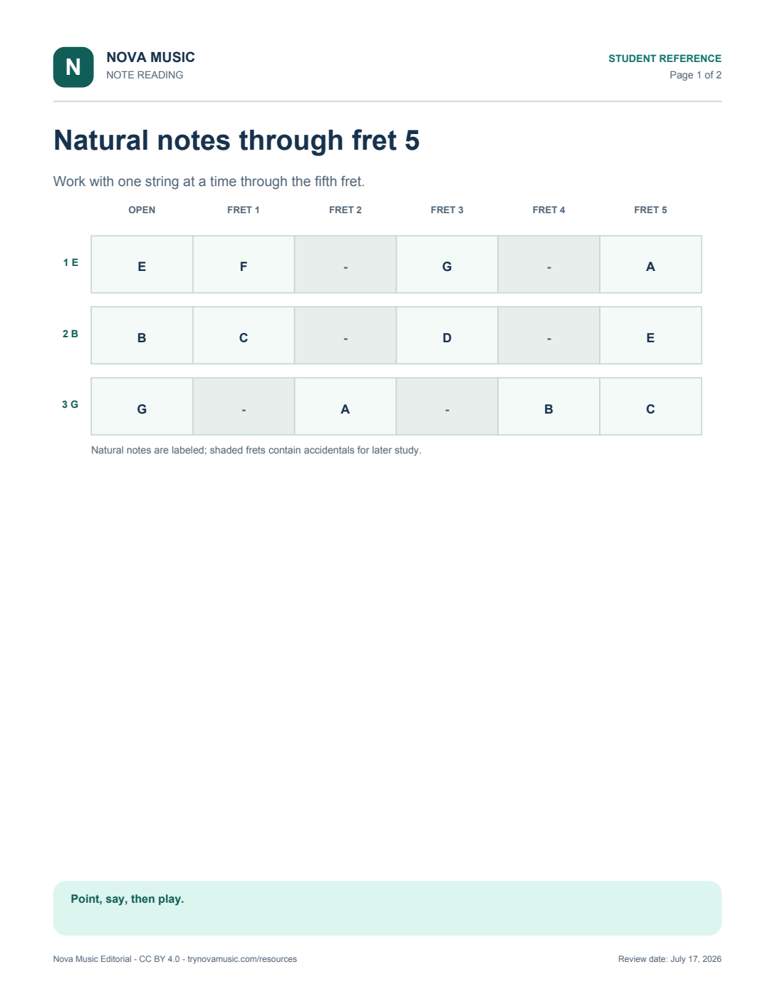 Guitar String Note Map printable preview