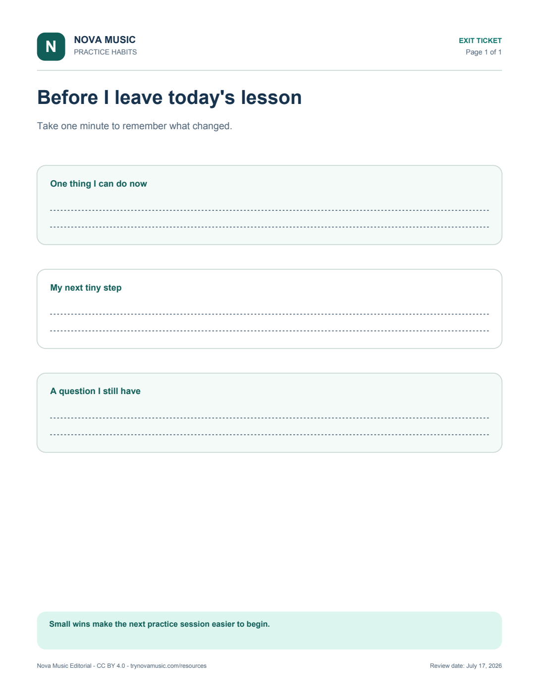 Lesson Win Exit Ticket printable preview