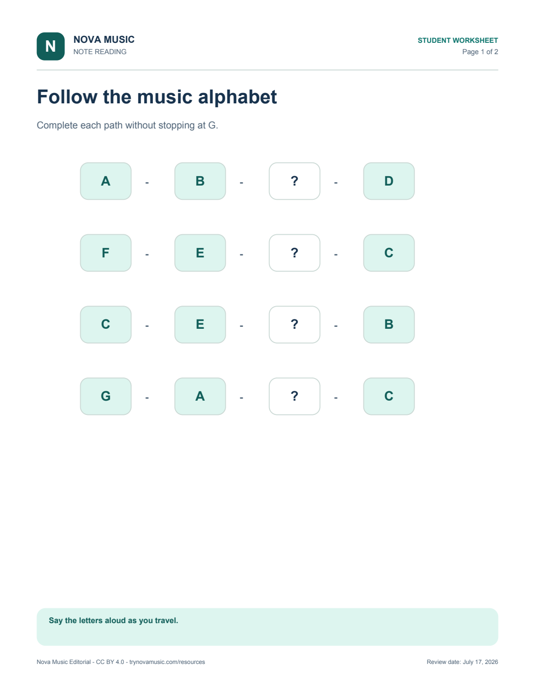Music Alphabet Paths printable preview
