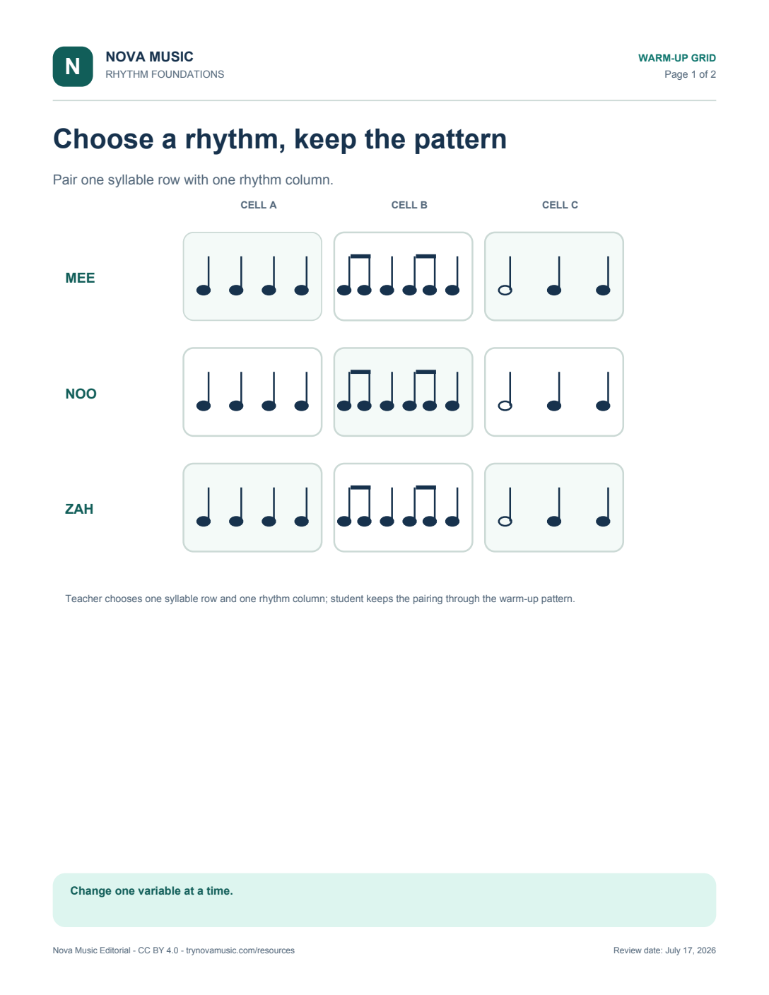 Vocal Warm-Up Rhythm Grid printable preview